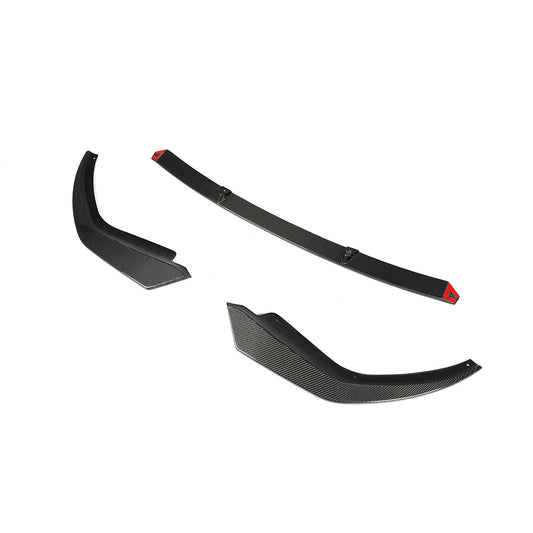 Side Angle of the 3 Pieces of the 3 Piece Premium Carbon Fiber Front Lip for BMW G20
