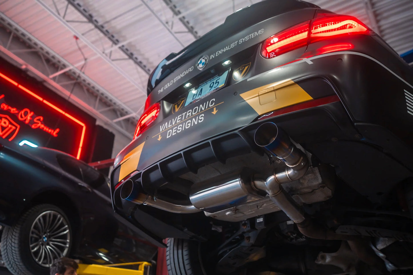 BMW F30 F22 F36 F32 Valved Sport Exhaust Axleback Undercarriage View At an Angle