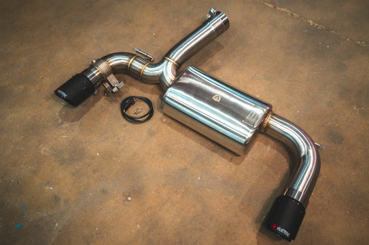 Angled view of BMW F30 F22 F36 F32 valved sport exhaust system axleback