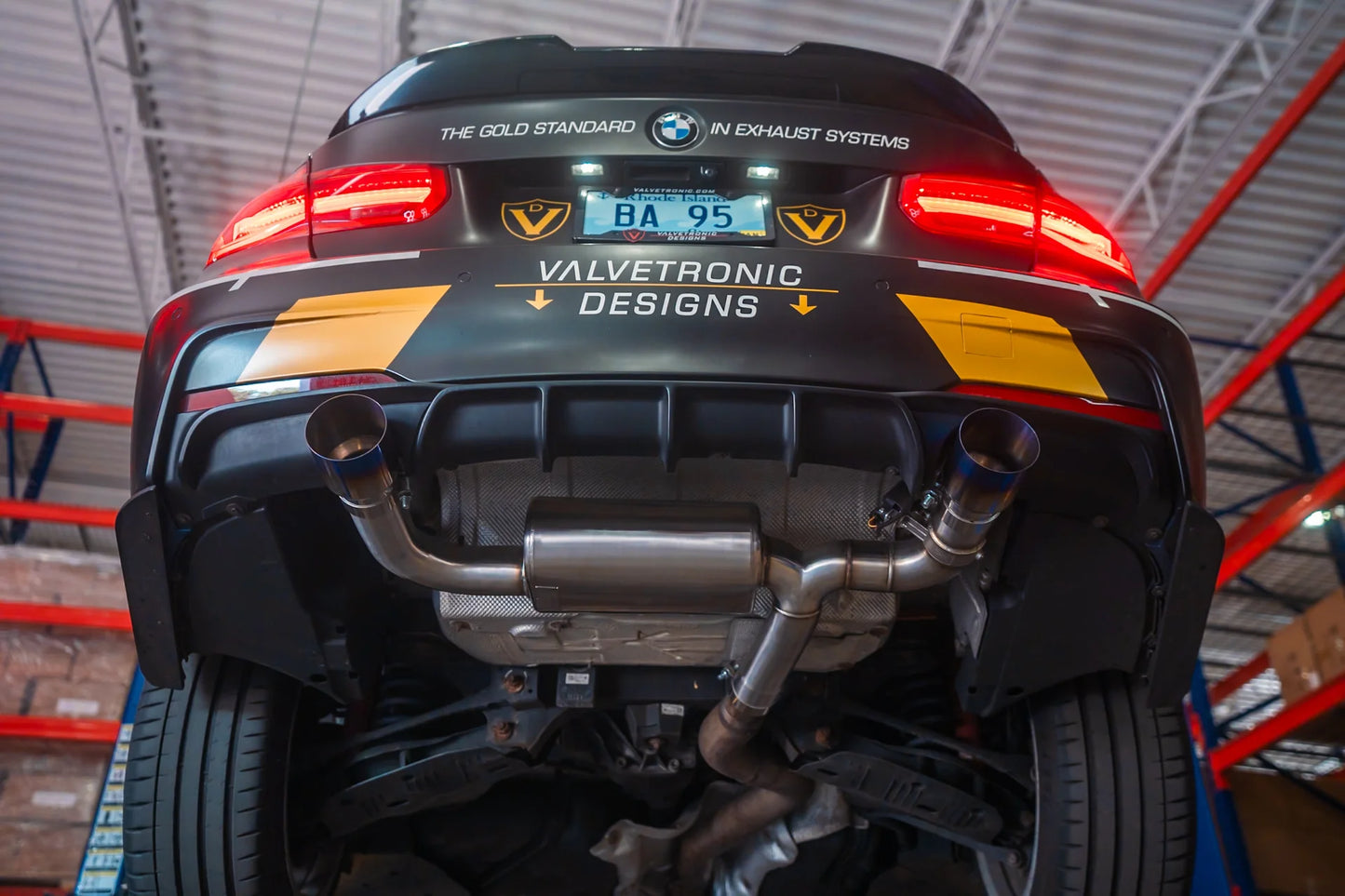 Undercarriage View of BMW F30 F22 F36 F32 Valved Sport Exhaust Axleback.