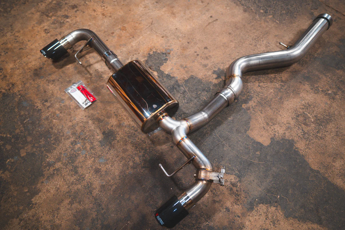 Front Angle of the BMW G20/G22 330i/430i Valved Axleback Exhaust System