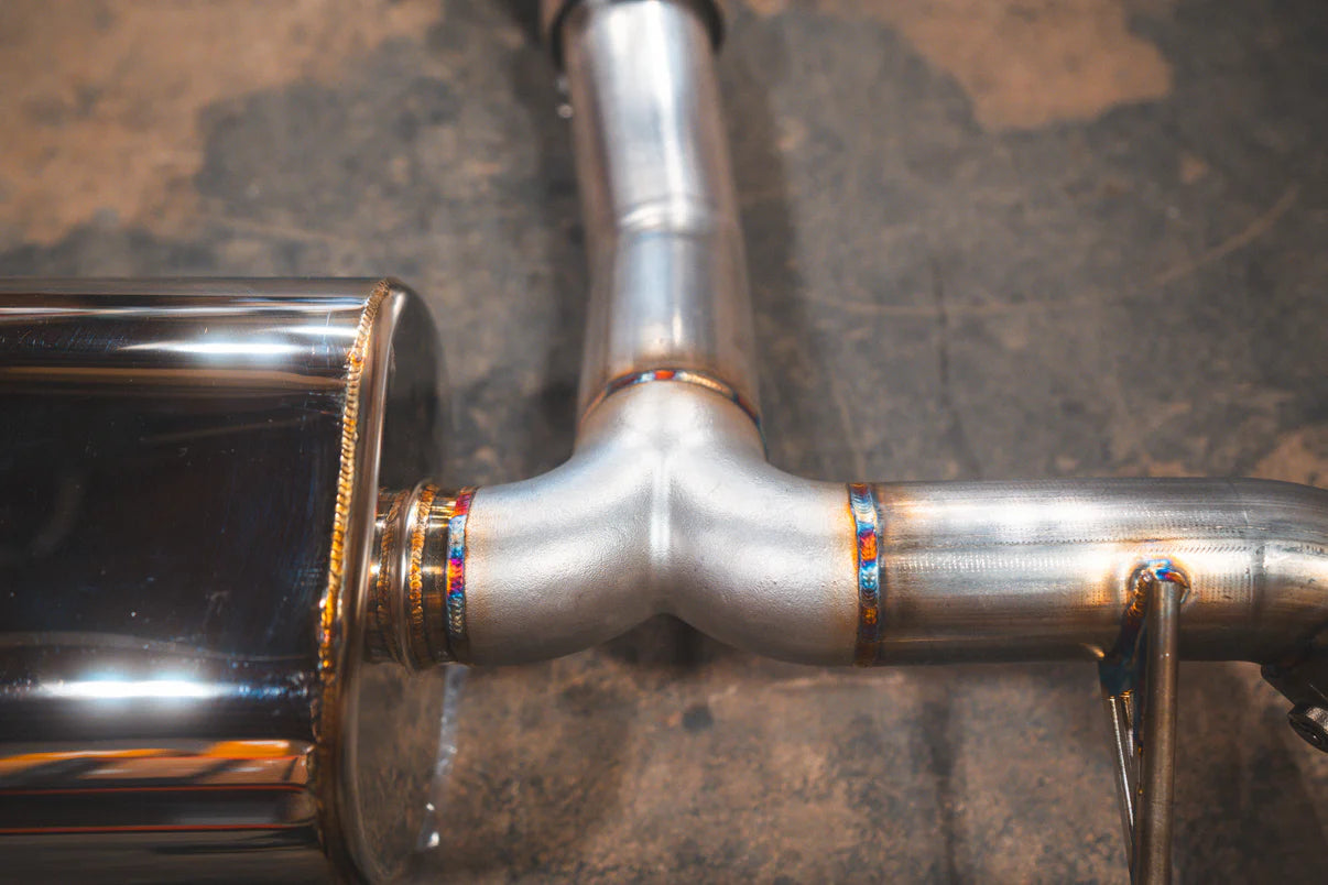 Y Pipe Closeup of the BMW G20/G22 330i/430i Valved Axleback Exhaust System