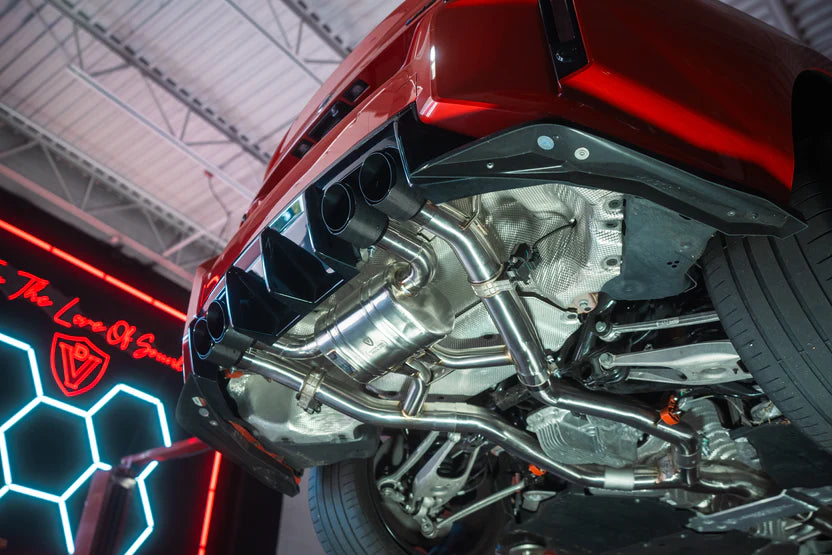 Angled view of the under of a G87 with BMW G87 M2 Valved Sport Exhaust System Installed