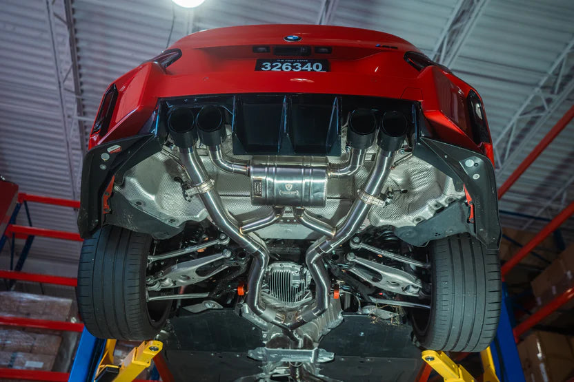 Under of a G87 with BMW G87 M2 Valved Sport Exhaust System installed