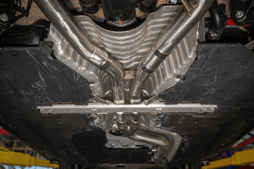 BMW M240i G42 Valved Sport Exhaust System Undercarriage Closeup