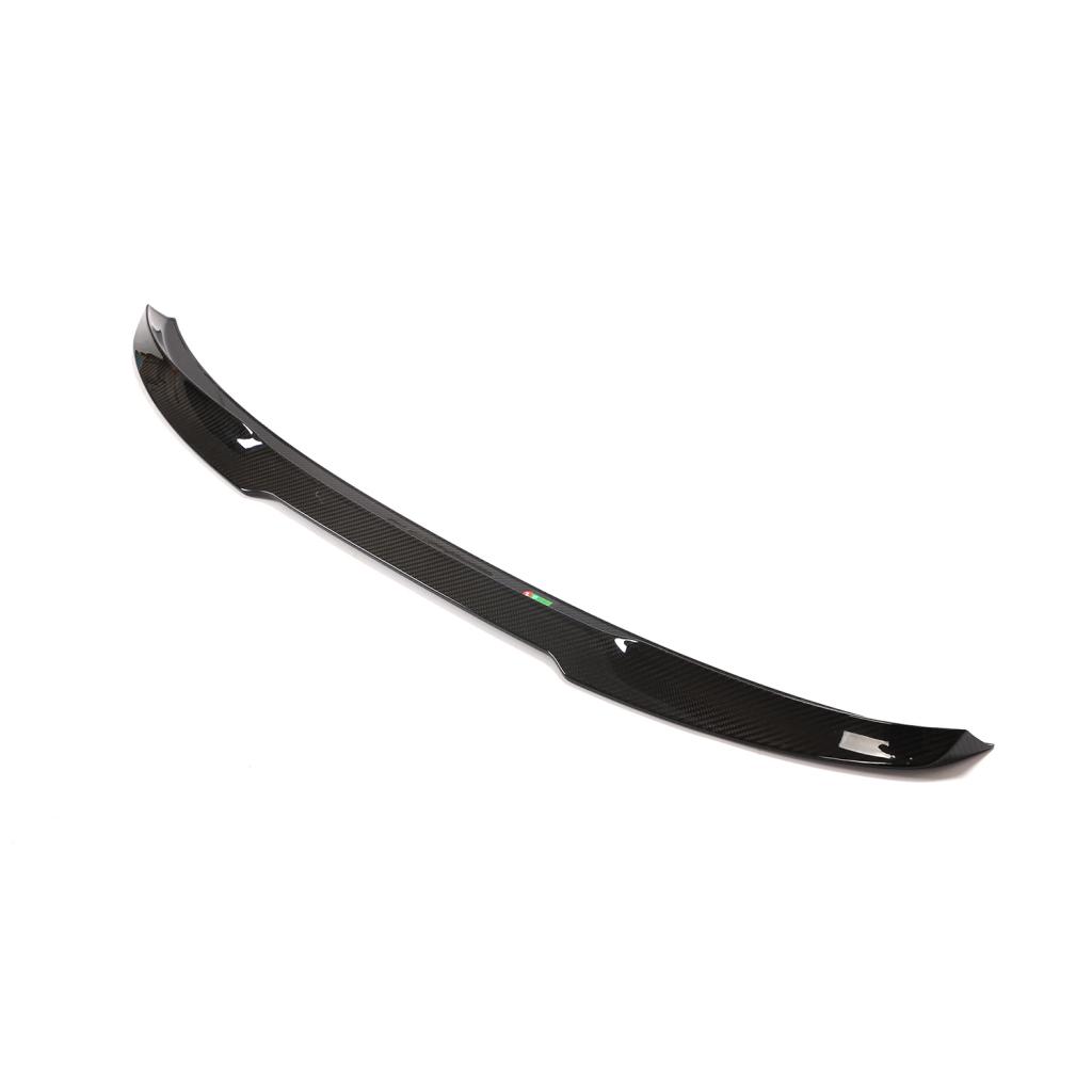 A black carbon fiber trunk spoiler designed for BMW F30 and F80 models.