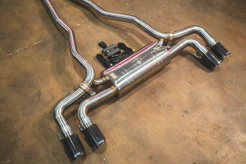 Angled view of teh carbon tips for the Valvetronic BMW G30 530i / 540i Valved Sport Exhaust System