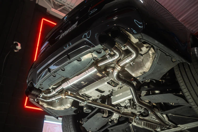Installed angled view on the Valvetronic BMW G30 530i / 540i Valved Sport Exhaust System