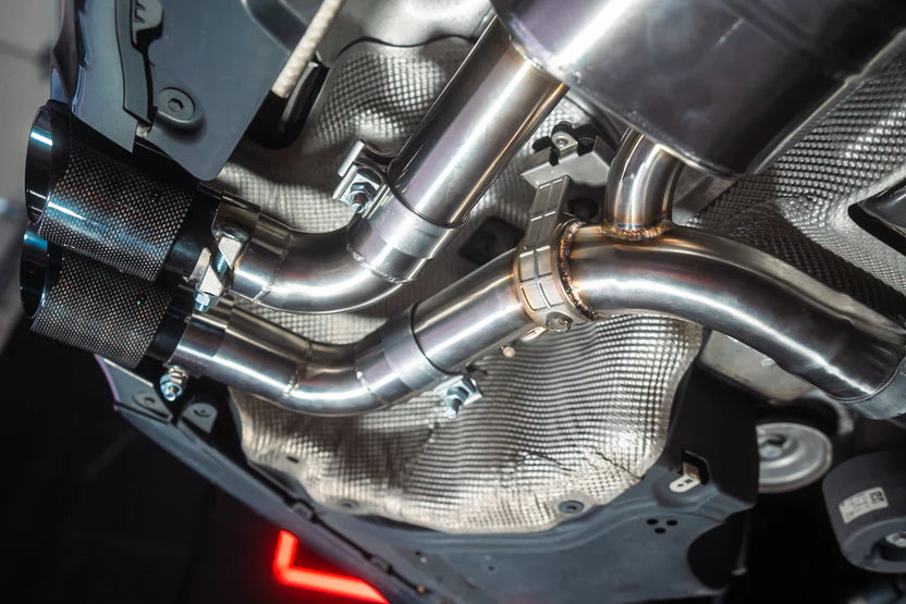 Installed carbon tips for the Valvetronic BMW G30 530i / 540i Valved Sport Exhaust System in chrome