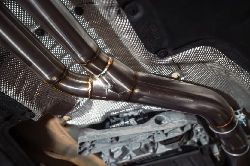 Angled view of the Valvetronic BMW G30 530i / 540i Valved Sport Exhaust system installed