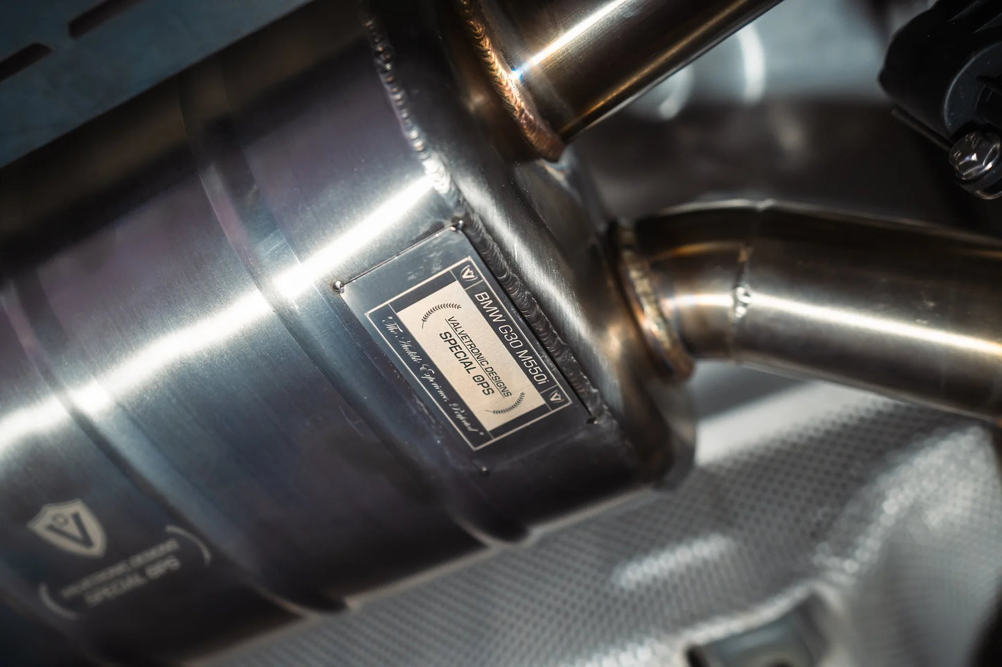 Installed look on the Special Ops logo on the Valvetronic BMW G30 M550I Valved Sport Exhaust System
