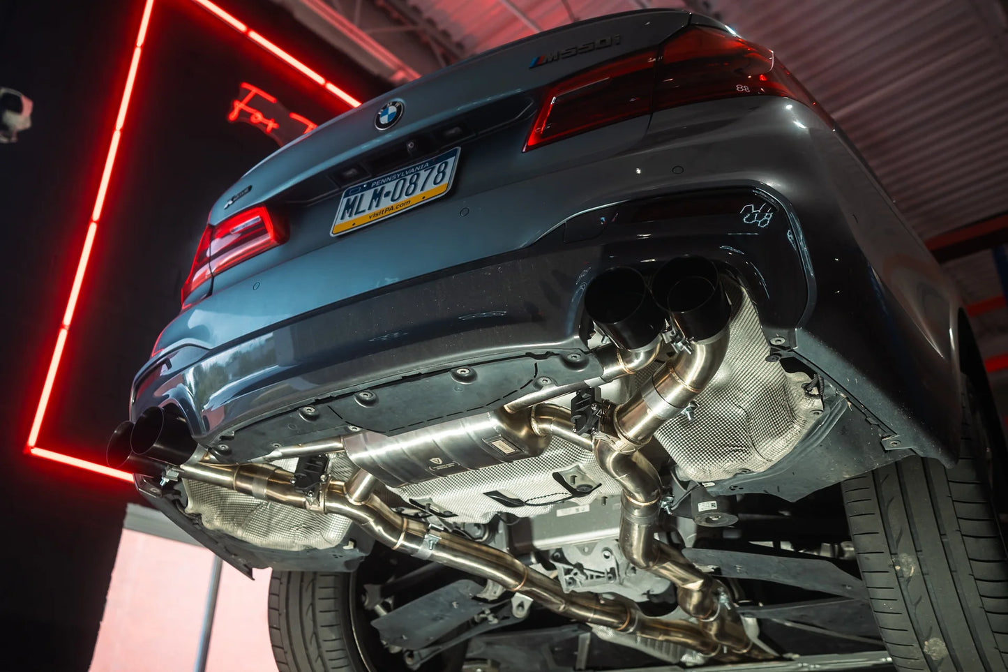 Installed view of the Valvetronic BMW G30 M550I Valved Sport Exhaust System