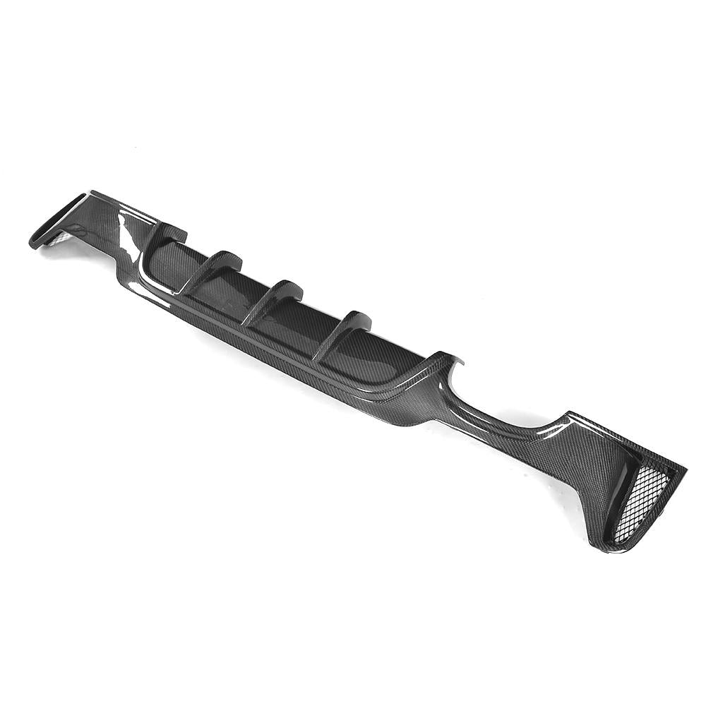 Angled View of the Ventilated Single Outlet Carbon Fiber Rear Diffuser for BMW F32 (2014-2020) with M Sport