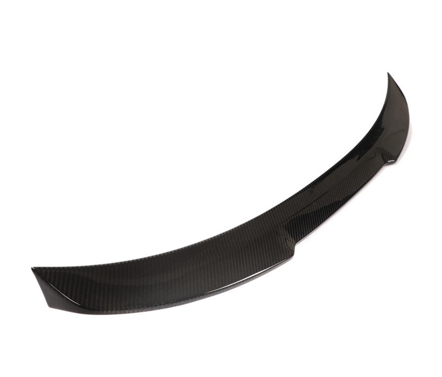 Angled rear view of ML Style carbon fiber trunk spoiler on BMW F30 and F80 sedans