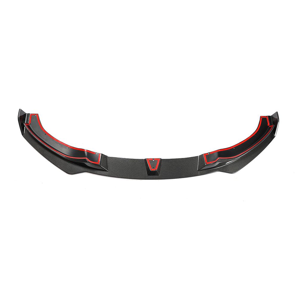 A carbon fiber front lip designed for BMW F32, featuring a black weave pattern with red accents along the lower edge.