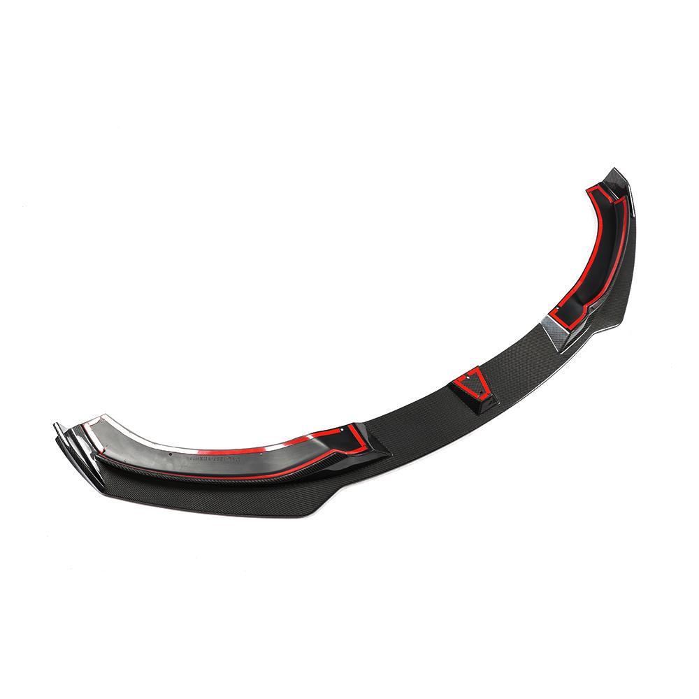 A carbon fiber front lip designed for BMW F32, featuring a black weave pattern with red accents along the lower edge.