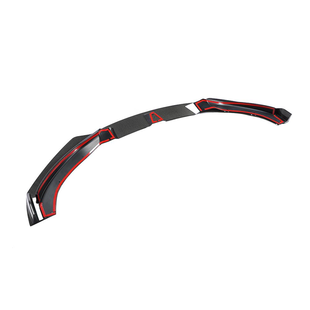 A carbon fiber front lip designed for BMW F32, featuring a black weave pattern with red accents along the lower edge.