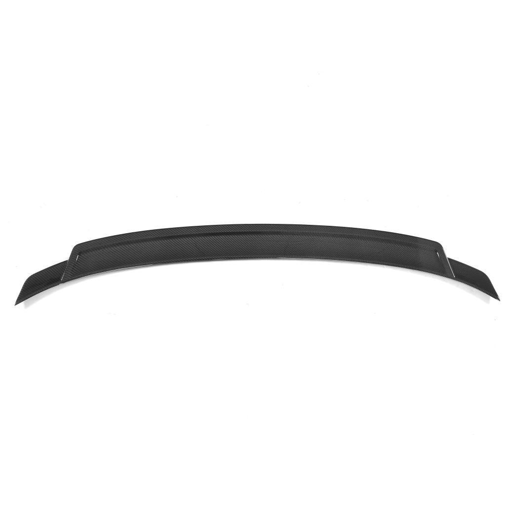 An exotic black carbon fiber trunk spoiler designed for a BMW F32.