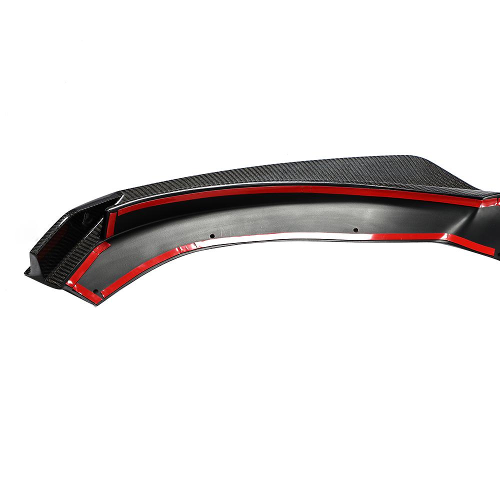 A carbon fiber front lip designed for BMW F32, featuring a black weave pattern with red accents along the lower edge.