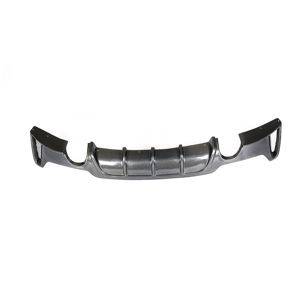 A carbon fiber rear diffuser designed for BMW F32, featuring a single outlet and single pipe design.