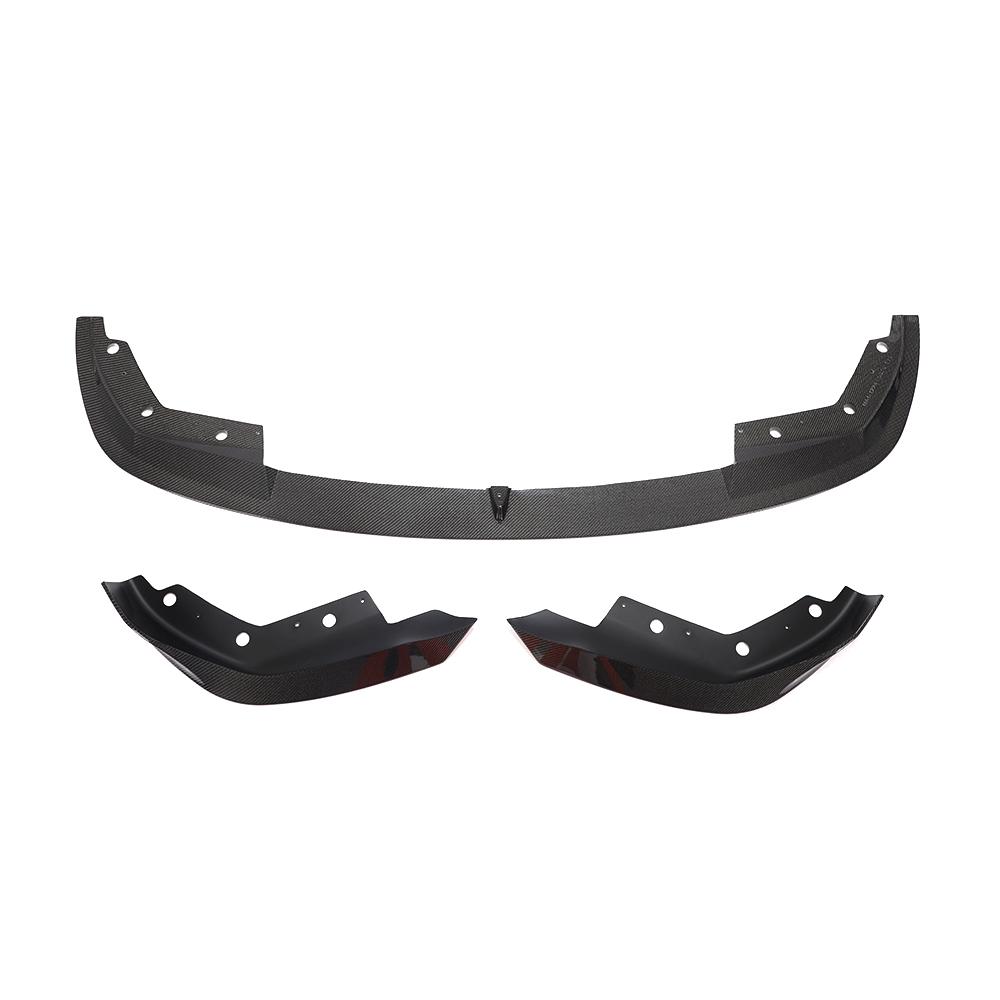 A black carbon fiber front lip for BMW G20 with a distinctive weave pattern, including the left and right sides of the front bumper.