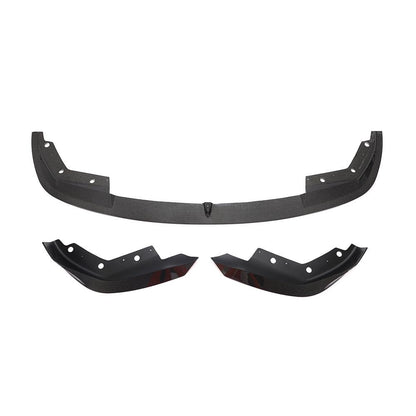 A black carbon fiber front lip for BMW G20 with a distinctive weave pattern, including the left and right sides of the front bumper.