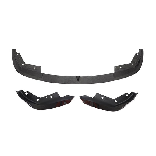 A black carbon fiber front lip for BMW G20 with a distinctive weave pattern, including the left and right sides of the front bumper.