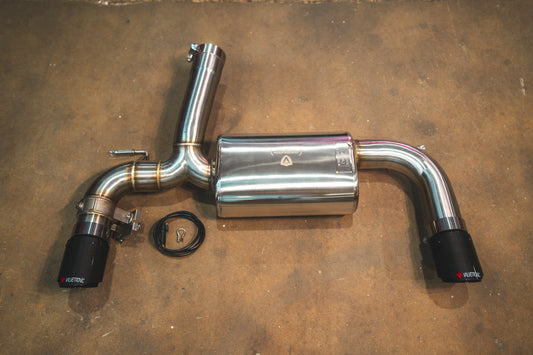 Full view of BMW F30 F22 F36 F32 valved sport exhaust system axleback