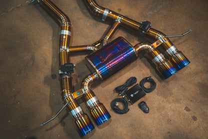 Back side of the BMW G87 M2 Valved Sport Exhaust System