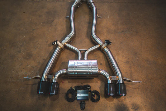 Closeup of the BMW G87 M2 Valved Sport Exhaust System