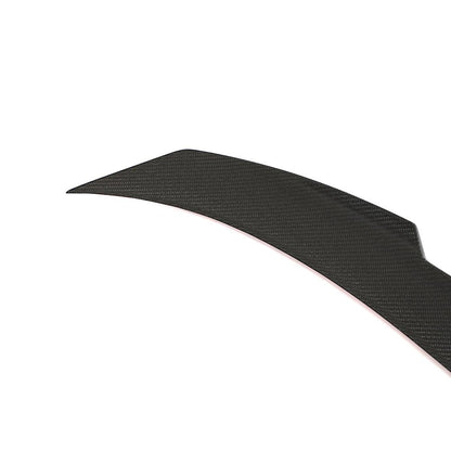 Close up showing carbon fiber weave of trunk spoiler for BMW G87 G42