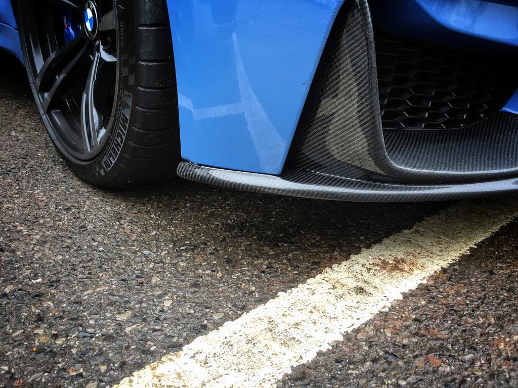 Closeup of the Installed Performance Style Carbon Fiber Front Lip for BMW F80 & F82 