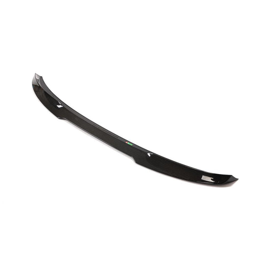 A black carbon fiber trunk spoiler designed for BMW F30 and F80 models.