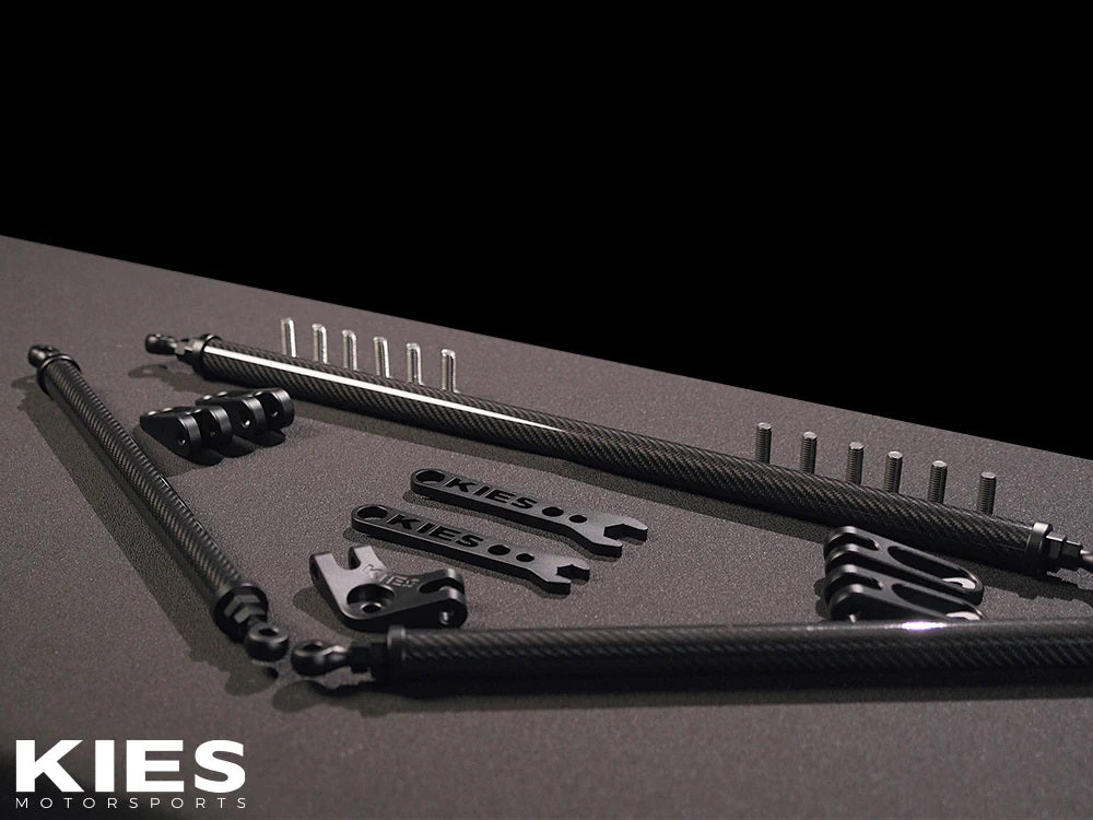 Angled view of the KIES Executive Line G8x S58 Carbon Fiber Strut Brace | G80, G81 M3, G82, G83 M4, G87 M2