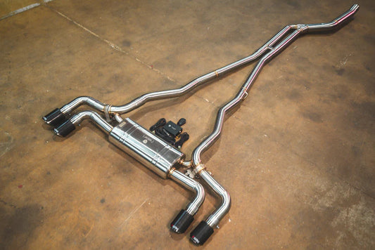 Angled view of the chrome Valvetronic BMW G30 530i / 540i Valved Sport Exhaust System
