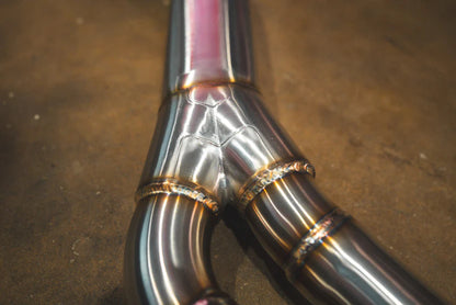 View of the Y pipe on the chrome Valvetronic BMW G30 530i / 540i Valved Sport Exhaust System