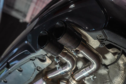 Installed view of the carbon tips with the chrome Valvetronic BMW G30 530i / 540i Valved Sport Exhaust system