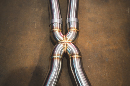 Closeup of the welding on the Valvetronic BMW G30 M550I Valved Sport Exhaust System