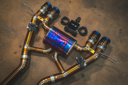 another overview on the titanium tips for the Valvetronic BMW G8x M3 / M4 Valved Sport Exhaust System | Insignist Motorsports with hardware