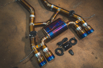 titanium tips on the Valvetronic BMW G8x M3 / M4 Valved Sport Exhaust System | Insignist Motorsports