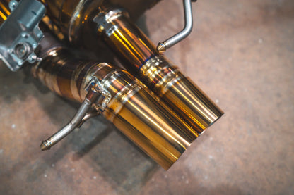 Closeup of the ends of the Valvetronic Mercedes W213 E63 AMG / AMGs Valved Sport Exhaust System