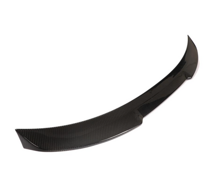 Angled rear view of ML Style carbon fiber trunk spoiler on BMW F30 and F80 sedans